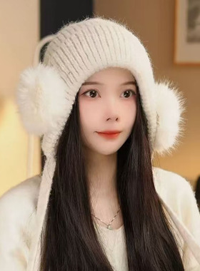 韩系绑带加厚保暖护耳针织帽女
