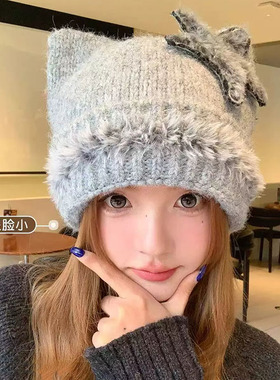日系星星猫耳针织帽女秋冬保暖