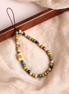 陶瓷手机链挂绳挂件女款长复古风包包钥匙扣吊坠指环腕绳腕带防丢