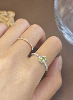 水滴天然橄榄石戒指彩宝戒指925纯银戒指女气质高级感个性简约