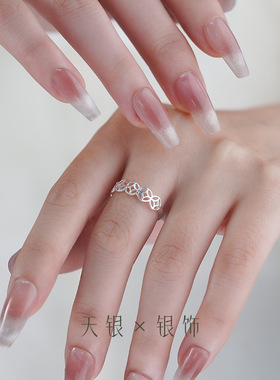 999足银国风简约钱币戒指女新中式小众设计文艺开口戒