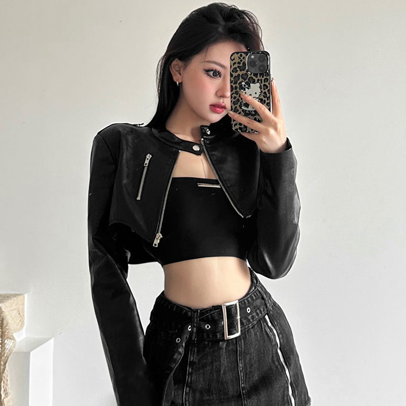 WEIRD PUSS 酷辣机车拉链开衫设计PU皮气质短外套修身百搭皮上衣 - 图2