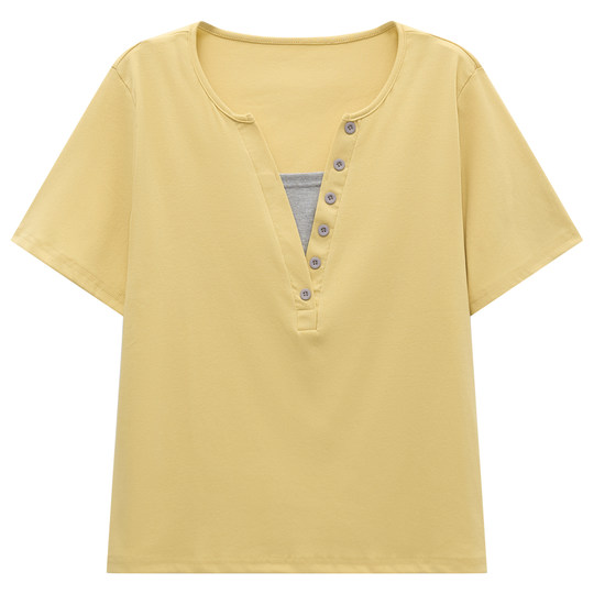 Women's Large Size Contrast Color Spliced Right Shoulder Short Sleeve T-Shirt Top