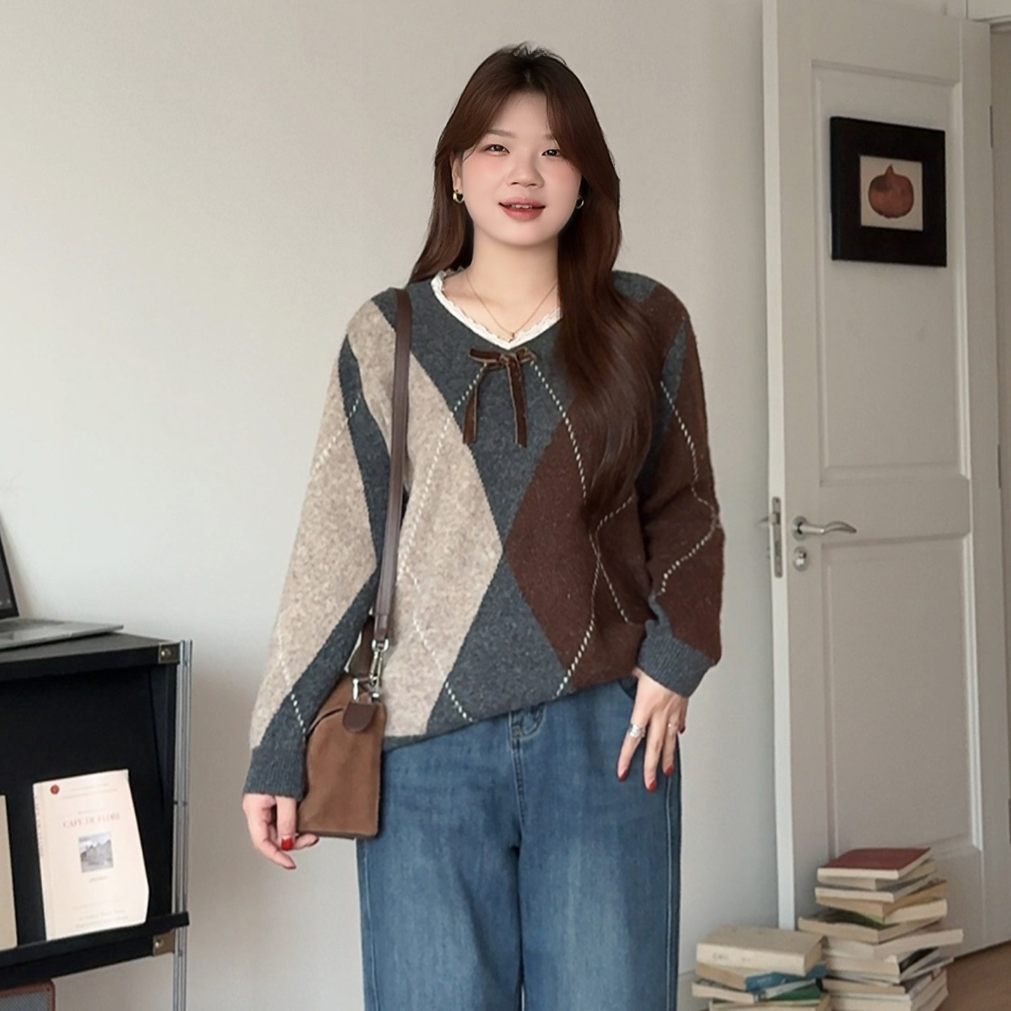 微胖的喵喵大码女装胖mm冬季撞色慵懒风毛衣宽松针织长袖上衣3307,淘宝优惠券,粉丝福利购,淘宝优惠卷