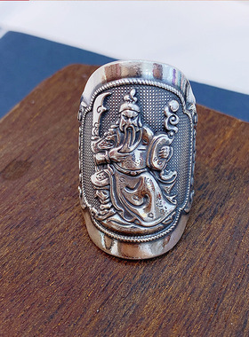 s990纯银武财神关公关羽图腾戒指霸气男个性开口指环银饰生日礼物