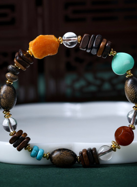 达拉干随型珠搭配天然白水晶蜜蜡原石文玩手串菱镁矿松石爱心手链