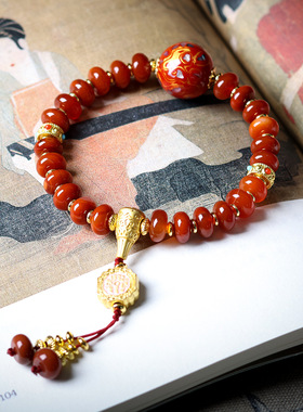 新中式国潮南红玛瑙大漆民族风手串文玩算盘珠鸿运手链女手饰批发