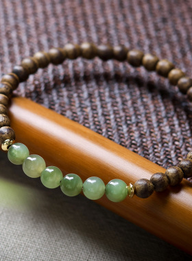 黄油一线沉香木搭配碧玉新中式国风手串文艺简约素圈国风手链批发