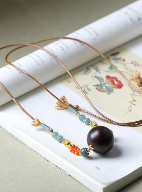 原创设计白奇楠沉香木手编项链文玩新中式天然南红玛瑙翡翠毛衣链