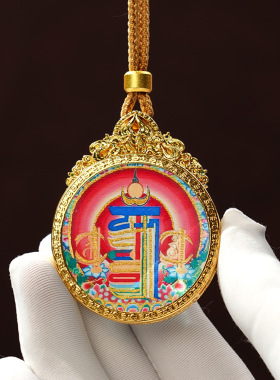 藏式黄铜画框描金唐卡吊坠五条莲花经文双面八大守护神黄财神五爷