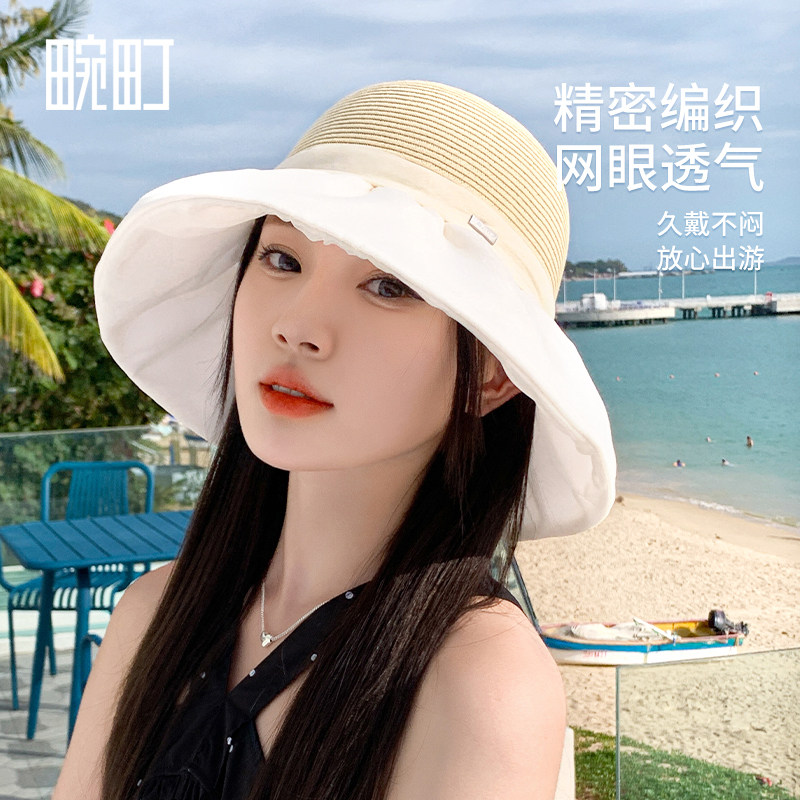 畹町遮阳草帽女夏季度假沙滩帽精致欧根纱拼接盆帽蝴蝶结渔夫帽子,淘宝优惠券,粉丝福利购,淘宝优惠卷
