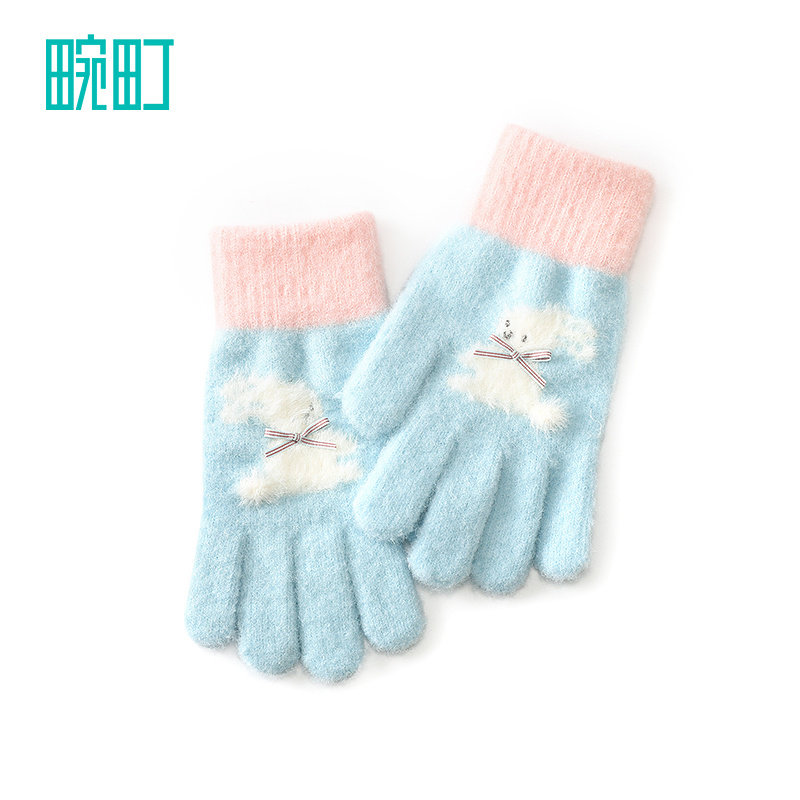 畹町儿童手套女孩秋冬季薄绒保暖可爱毛绒小兔子大童五指针织手套,淘宝优惠券,粉丝福利购,淘宝优惠卷