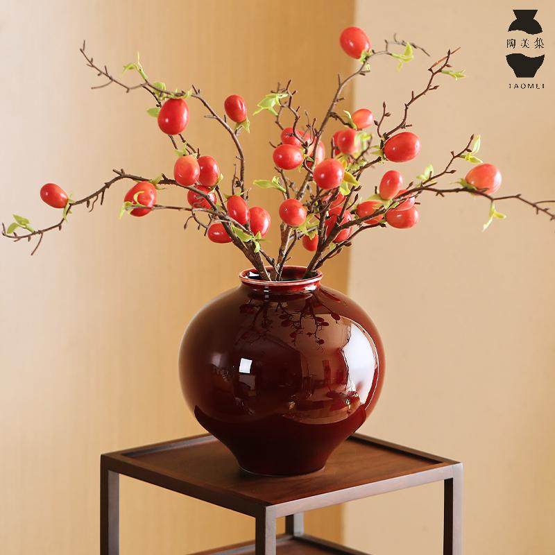 陶美集郎红陶瓷花瓶中式复古客厅玄关电视柜新年插花花器装饰摆件,淘宝优惠券,粉丝福利购,淘宝优惠卷