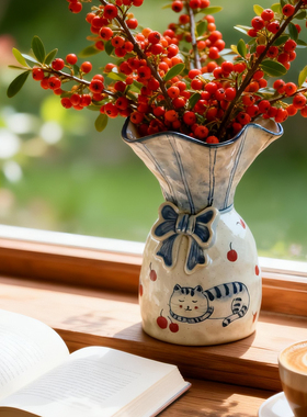 景德镇陶瓷复古青花可爱猫咪花瓶