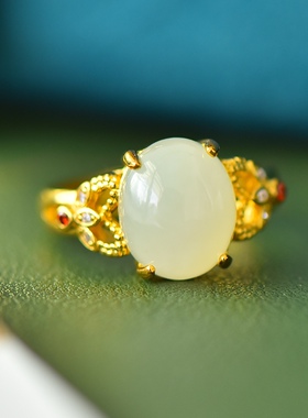 久不掉色古法沙金天然和田玉白玉财源滚滚活口玉戒指戒圈指环