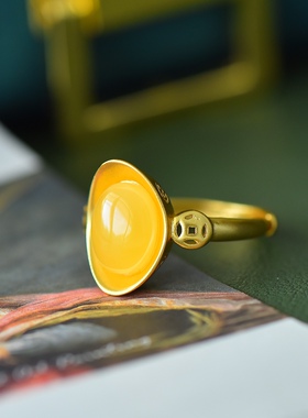 久不掉色古法沙金天然蜜蜡招财进宝活口玉戒戒圈指环配证书