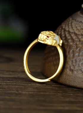 纯银古法金天然和田玉白玉招财貔貅女款玉戒指戒圈指环配证书