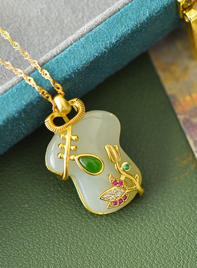 久不掉色古法沙金天然和田玉白玉旗开得胜吊坠玉坠项链挂坠配证书