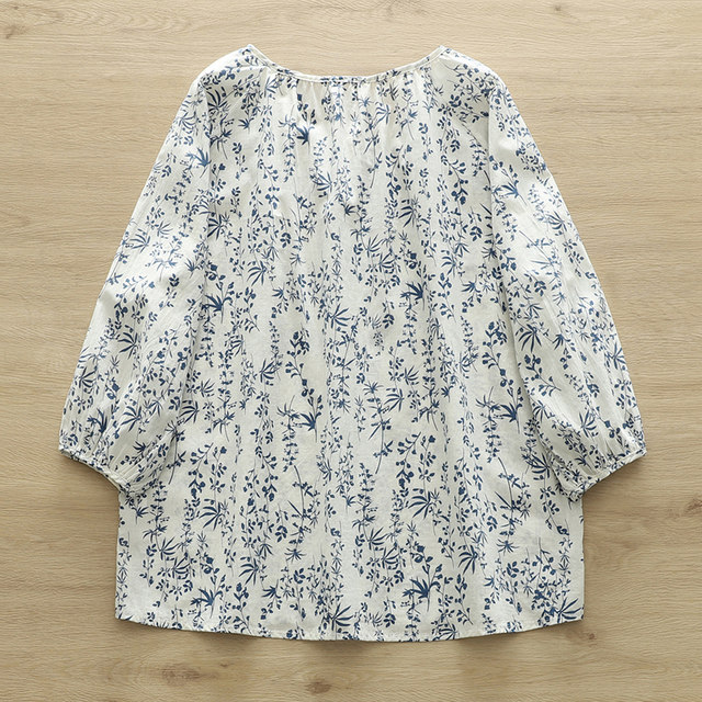 2024 Summer New Printed Leaf Round Neck Shirt Women's Quarter Sleeve Loose Versatile Cotton Half Sleeve Shirt Top