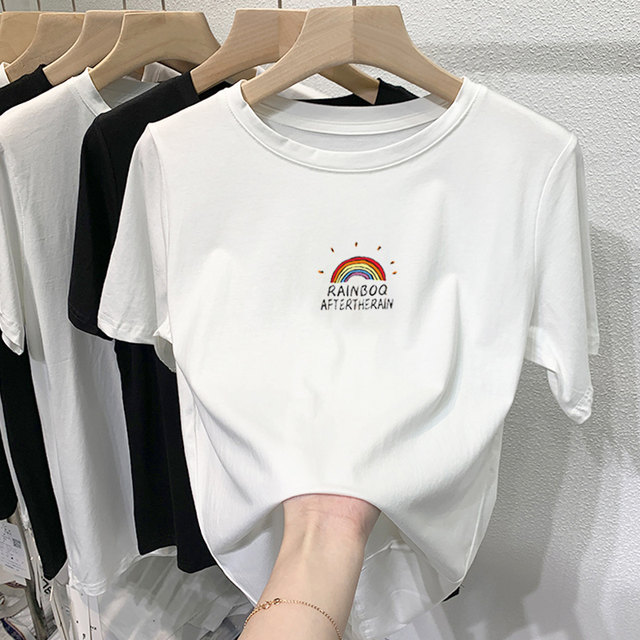 Short sleeve white rainbow cotton t-shirt women's round neck top