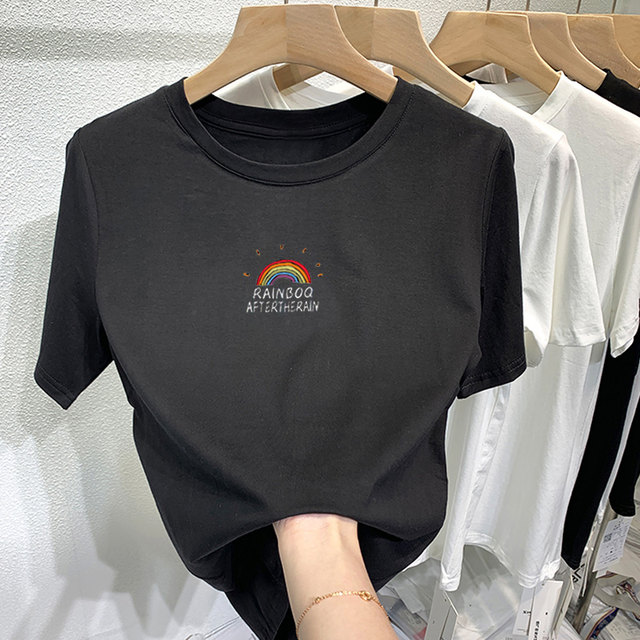 Short sleeve white rainbow cotton t-shirt women's round neck top