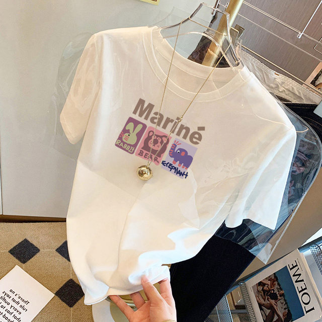 Short-sleeved cartoon age-reducing right shoulder round neck pure cotton t-shirt for women