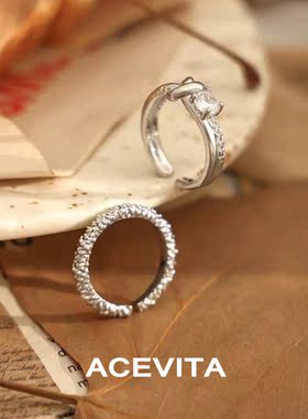 ACEVITA潮酷冷淡风锆石花朵戒指