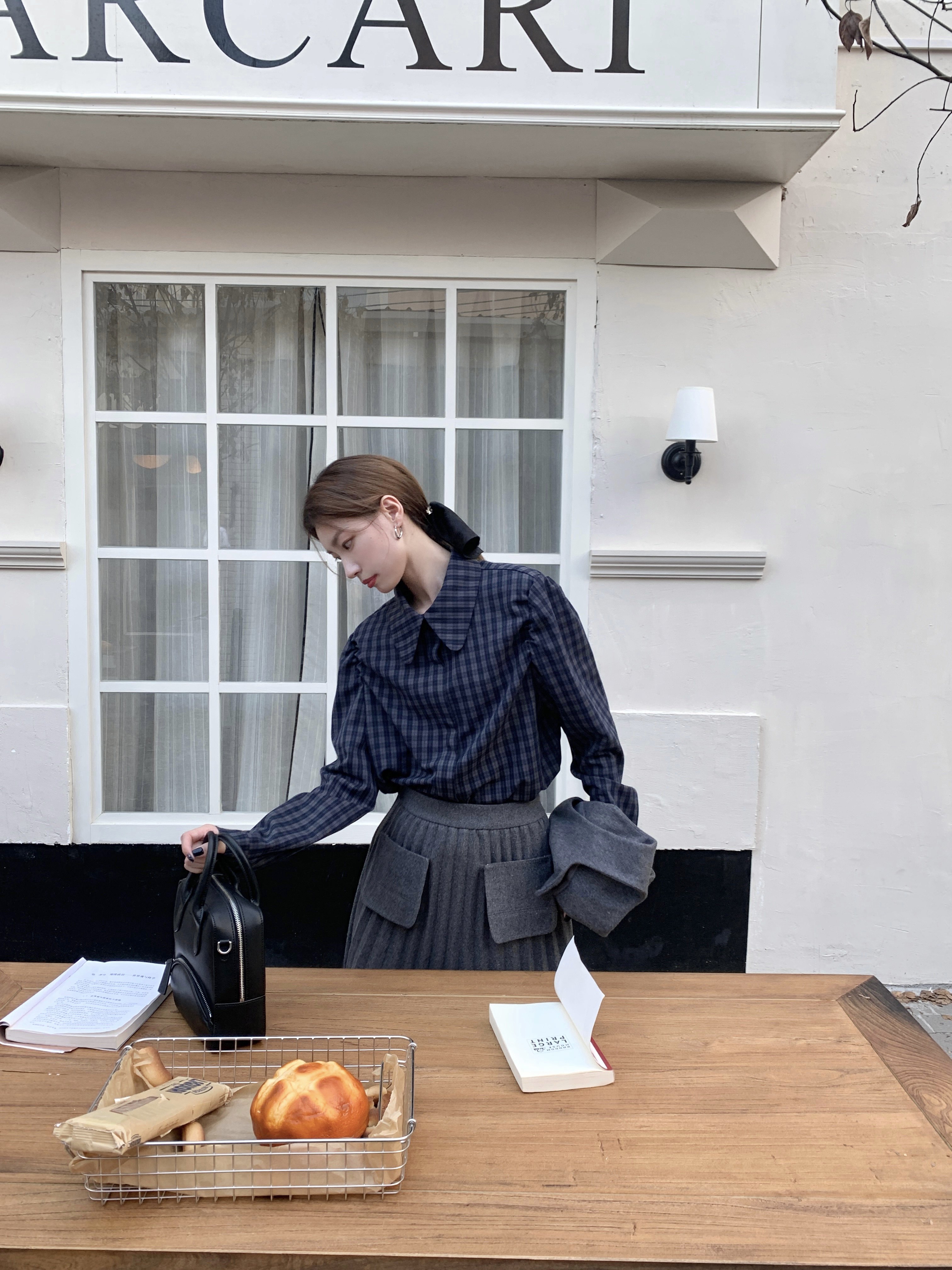 SourceWithU 蝴蝶领色织高级气质衬衫内搭翻领复古格子长袖上衣女,淘宝优惠券,粉丝福利购,淘宝优惠卷