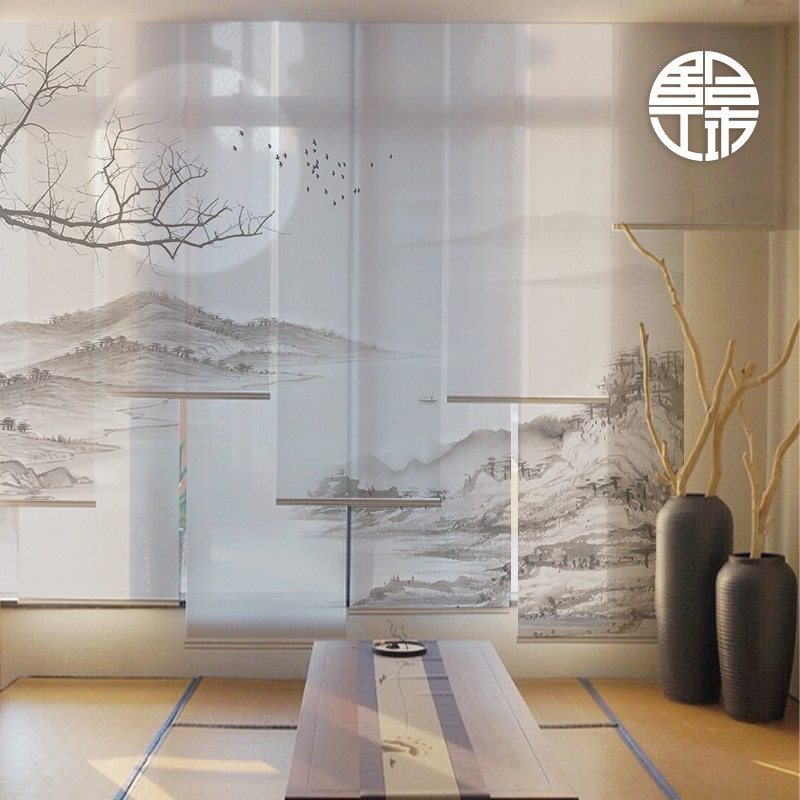 新中式山水卷帘禅意水墨帘半透明纱帘软隔断客厅办公室定制窗帘,淘宝优惠券,粉丝福利购,淘宝优惠卷