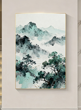 可班手绘油画新中式山水玄关挂画