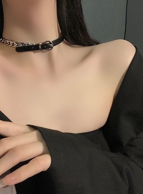 时髦皮质编织链条项链choker女黑色细链轻奢气质锁骨链