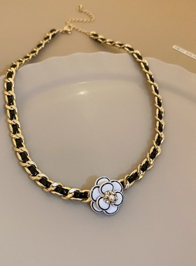 山茶花项链法式轻奢黑色编织中古颈链百搭高级感小众设计时尚项圈