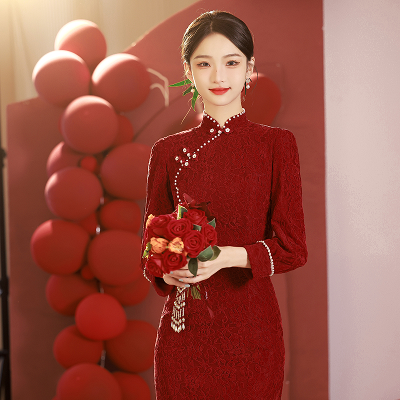 旗袍敬酒服新娘结婚礼服裙女订婚回门红色2023新款秋冬季长袖冬天