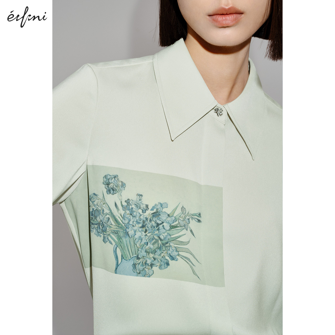 伊芙丽outlets店新中式国风印花衬衫春夏修身翻领长袖衬衣上衣女 - 图1