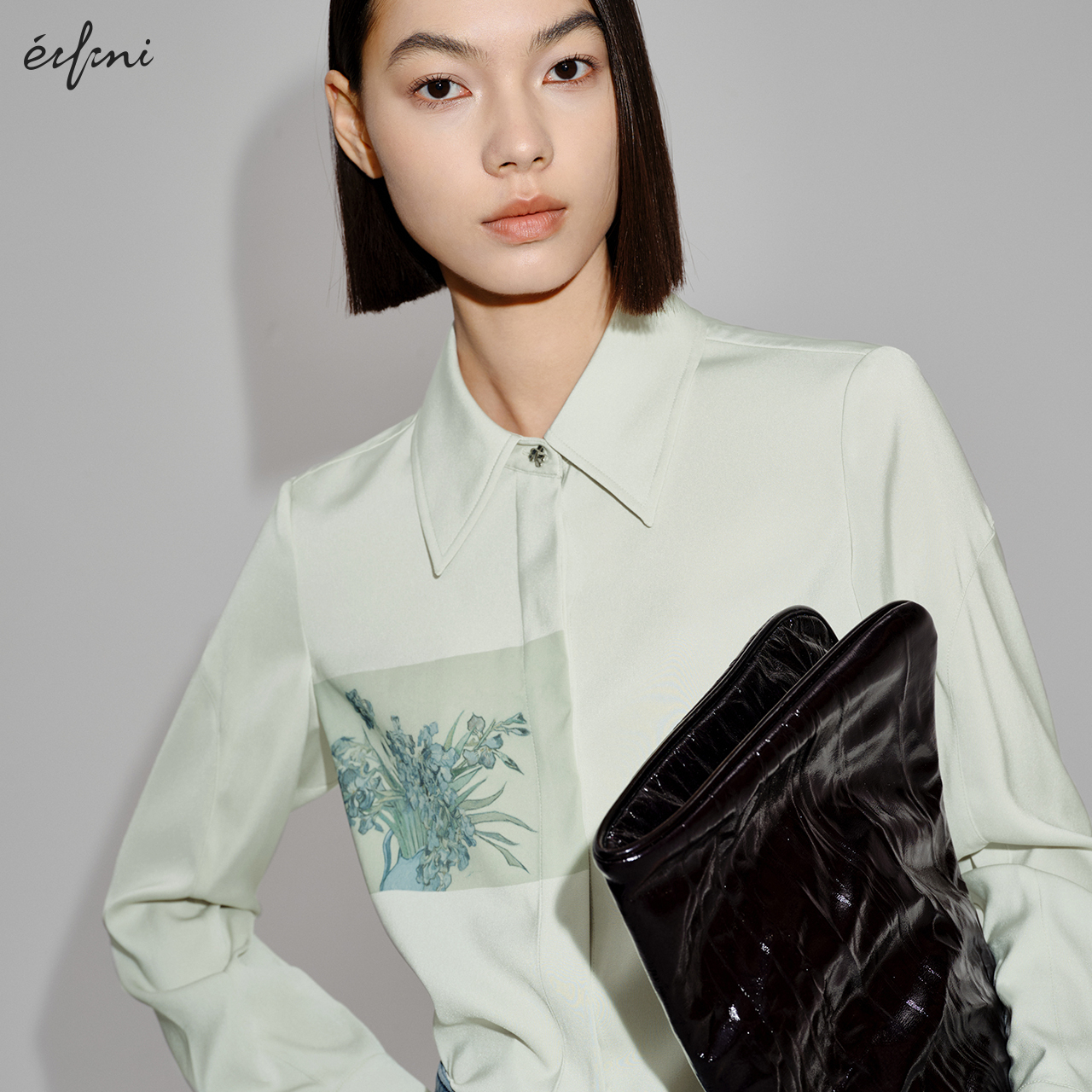 伊芙丽outlets店新中式国风印花衬衫春夏修身翻领长袖衬衣上衣女 - 图2