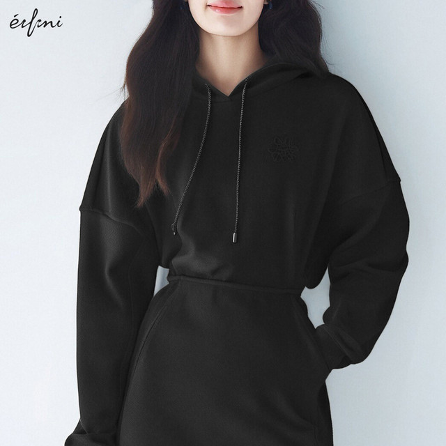 Evely outlets store black knitted dress hooded sweatshirt long skirt little black dress spring and autumn women's skirt