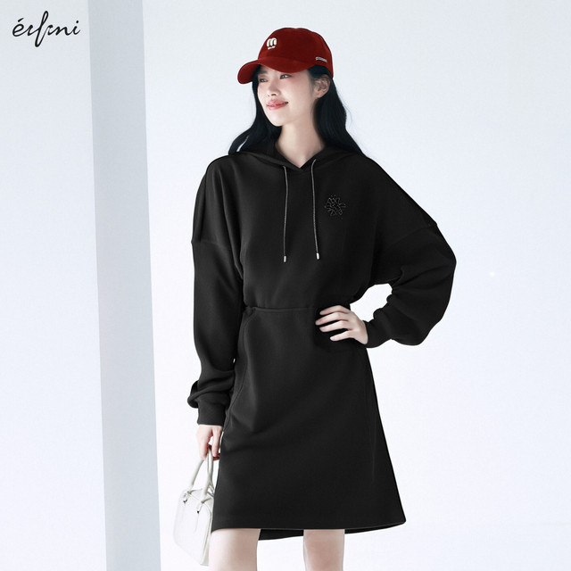 Evely outlets store black knitted dress hooded sweatshirt long skirt little black dress spring and autumn women's skirt
