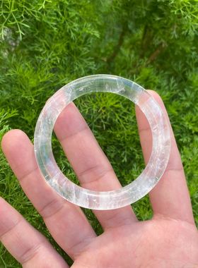 天然白水晶手镯 宽版圆条雪花晶体白幽灵冰透闪片彩虹