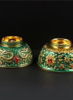 复古珐琅彩金碗摆件仿古精雕双龙戏珠碗家居风水装饰铜器入门收藏