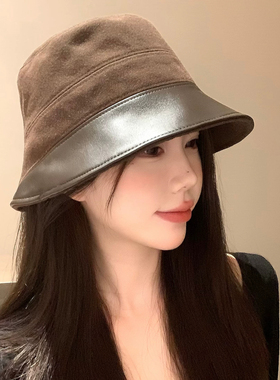 韩系咖色复古绒面渔夫帽女款秋冬季素颜遮脸盆帽大脸显小水桶帽