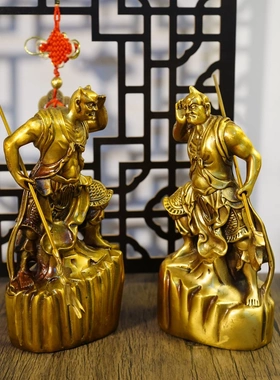 多吉缘黄千里眼顺风耳像铜摆件一对哼哈二将家左右护法居工艺品