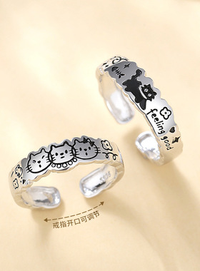 蒂奇亚原创卡通涂鸦猫咪情侣戒指S925纯银小众个性高级感开口指环