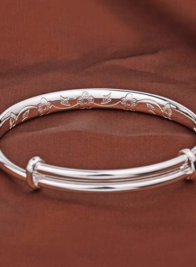 平安福字银手镯纯银女推拉式实心简约民族风足银手环银镯子