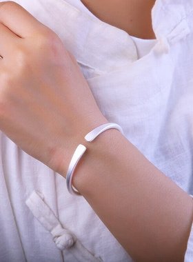 纯银古法银手镯女年轻款开口磨砂足银如意镯送女友礼物