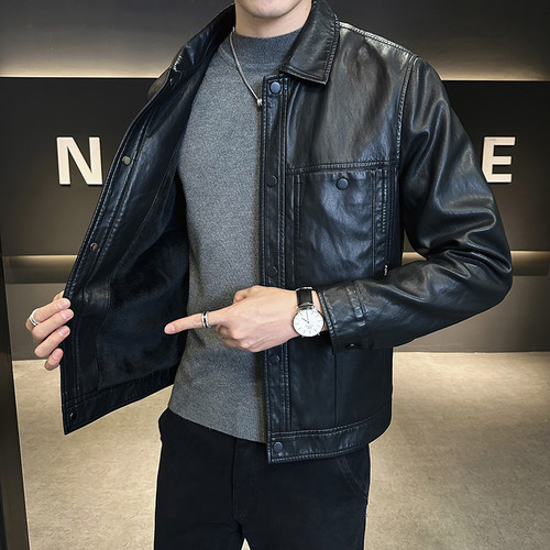 冬季加绒加厚保暖皮衣外套男痞帅保暖高级感帅气短款修身男皮夹克 - 图3