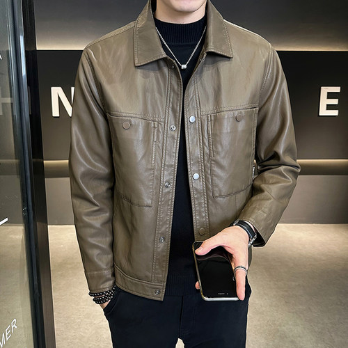 冬季加绒加厚保暖皮衣外套男痞帅保暖高级感帅气短款修身男皮夹克 - 图0