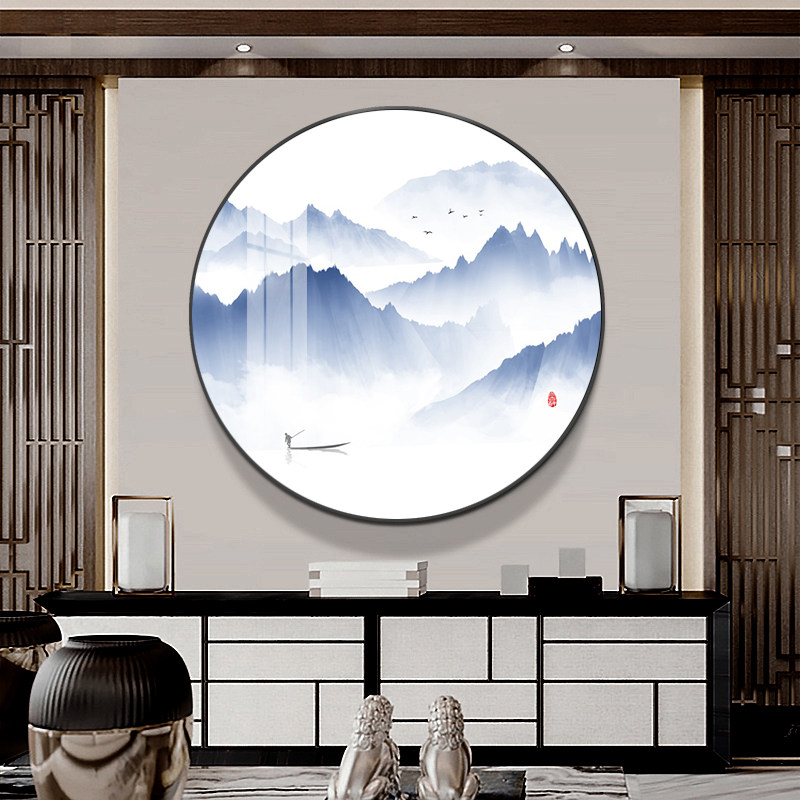 新中式玄关装饰画圆形山水画客厅沙发背景墙面壁画办公室茶室挂画,淘宝优惠券,粉丝福利购,淘宝优惠卷