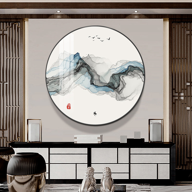 新中式玄关装饰画圆形山水画客厅沙发背景墙面壁画办公室茶室挂画,淘宝优惠券,粉丝福利购,淘宝优惠卷
