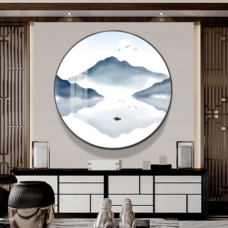 新中式玄关装饰画圆形山水画客厅沙发背景墙面壁画办公室茶室挂画,淘宝优惠券,粉丝福利购,淘宝优惠卷