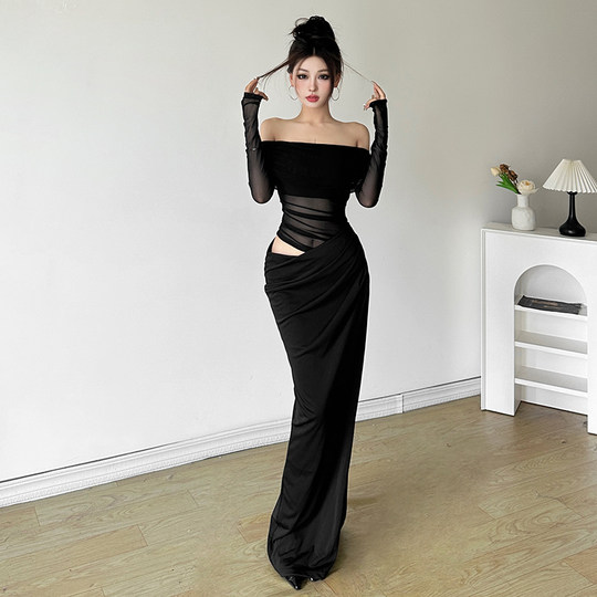Hot girl style long skirt solid color hollow one-shoulder skirt